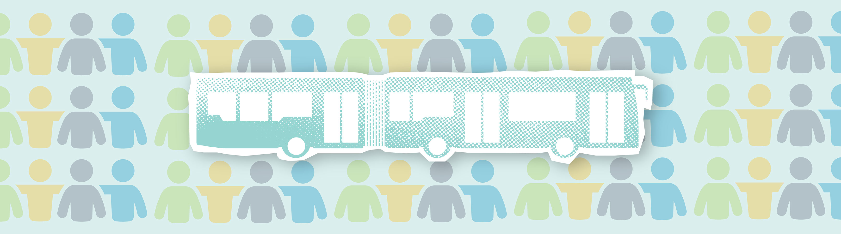 Illustrated people and buses in a repeating pattern