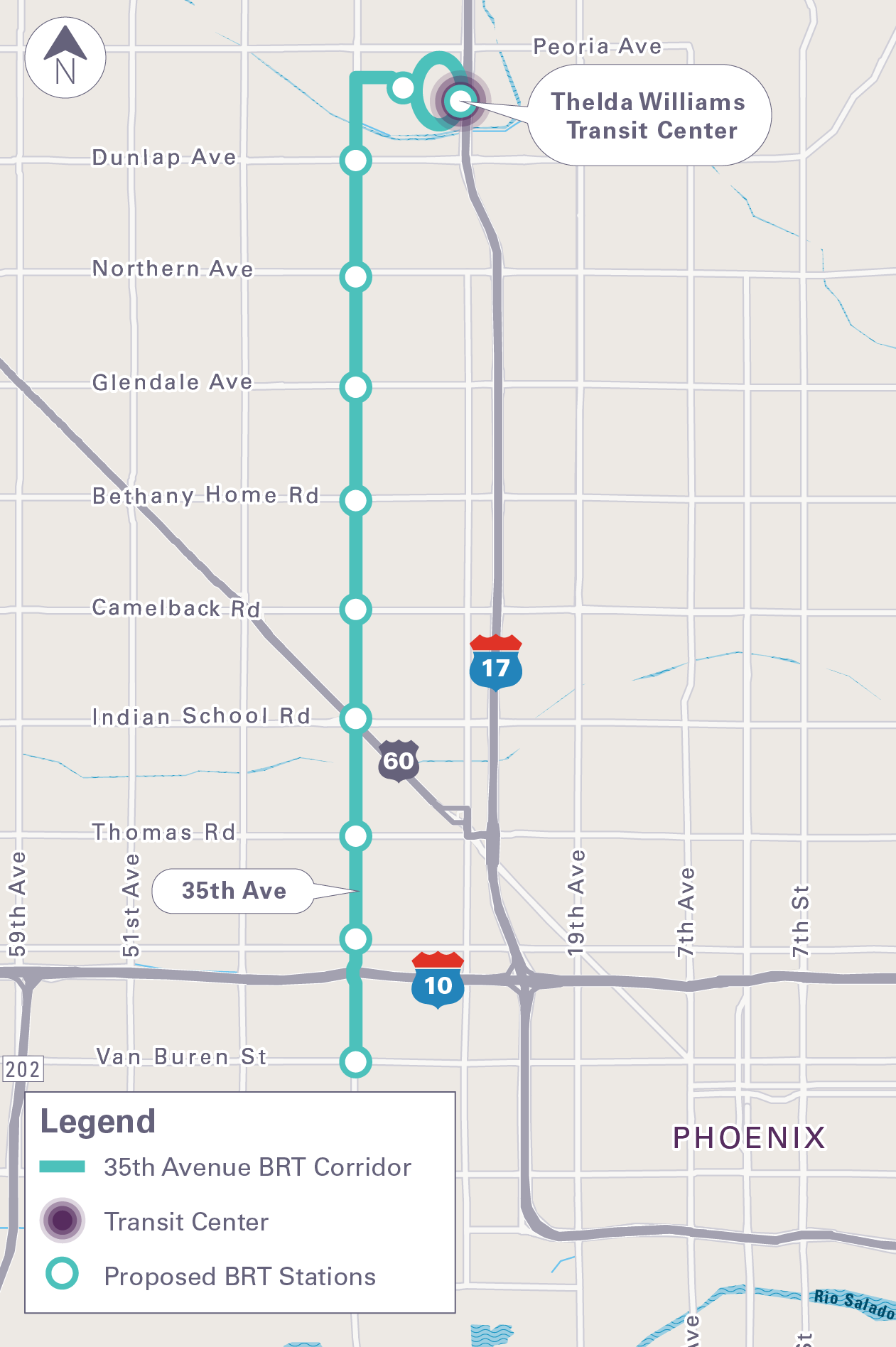 This is a map showing the 35th Avenue BRT Corridor, starting at Van Buren Street and heading north along 35th Avenue to the Thelda Williams Transit Center, including 11 proposed stations.